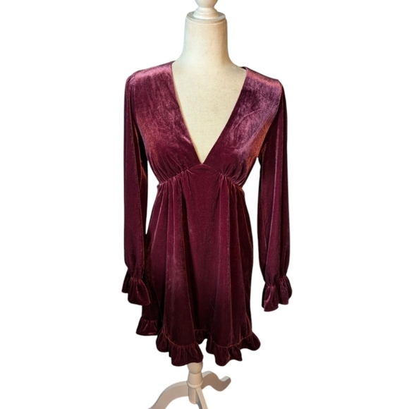 Burgundy Red crushed Velvet plunging v neck Cherry Girl fairy core Dress Sz S - Picture 8 of 12